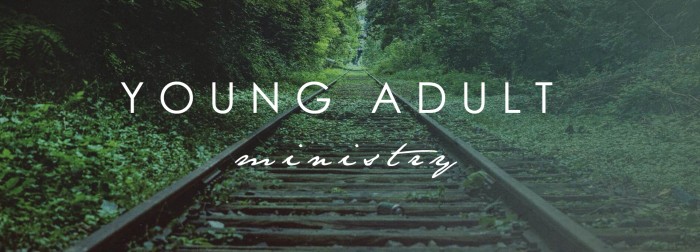 text: Young Adult ministry overlay on train track image
