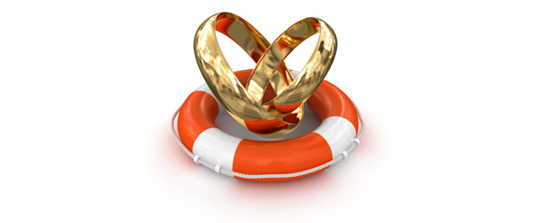 Wedding bands sitting in a life preserver