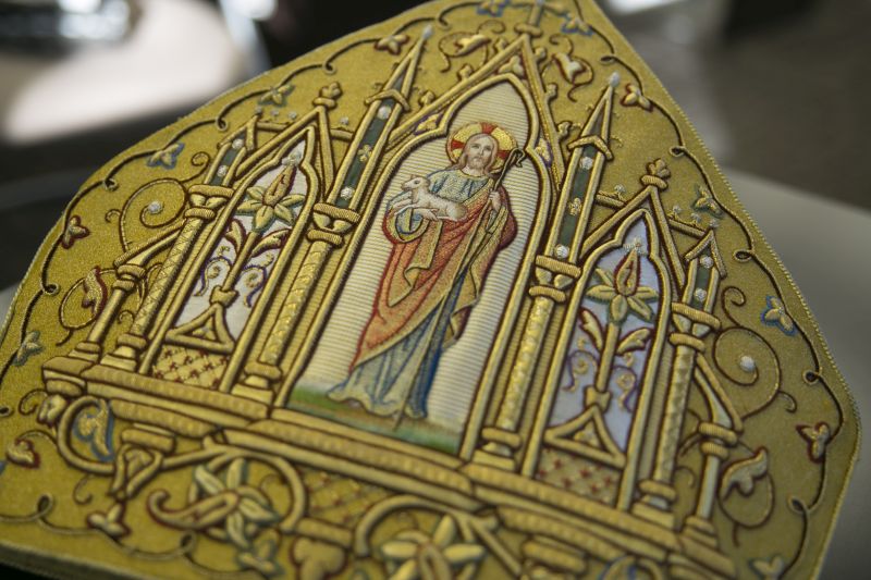 Bishop Farrell's mitre, depicting Christ holding a lamb