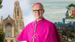 Bishop Joseph Dabrowski, CSMA, tenth Bishop of Hamilton is situated in front of the Cathedral Basilica of Christ the King as well as a landscape view of the city of Hamilton.
